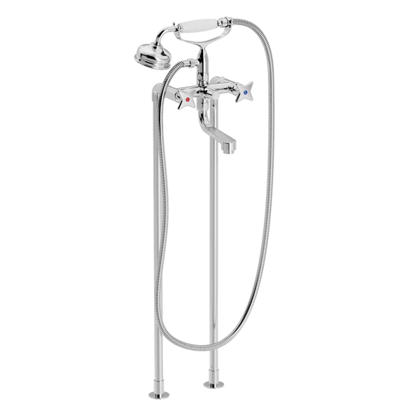 Krydsgreb kar- & brusebatteri på standere med gl. dags håndbrusersæt